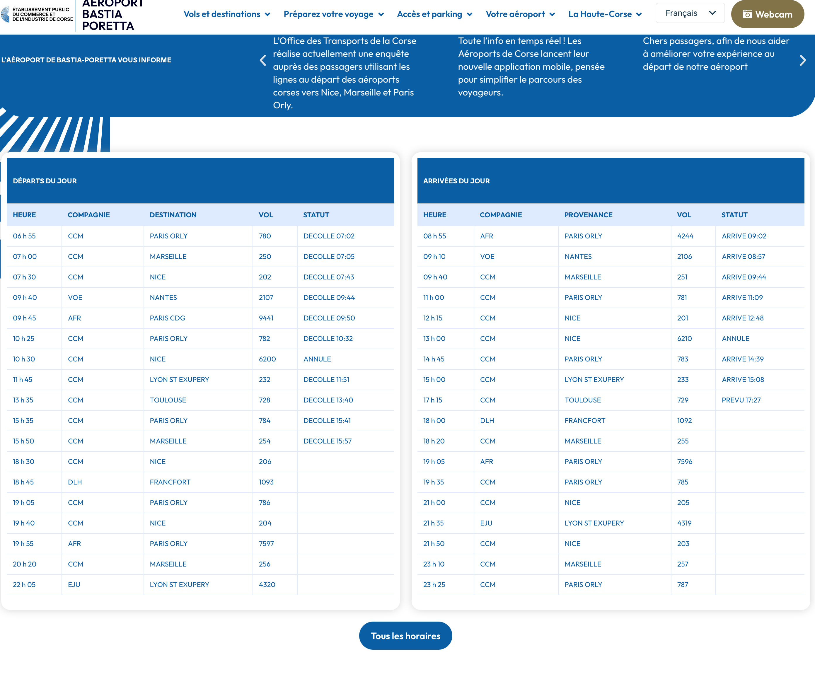Planning vols - Aéroport de Bastia