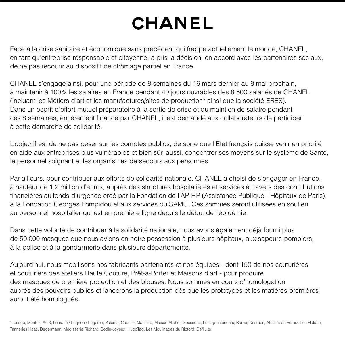 Chanel s'engage contre le coronavirus
