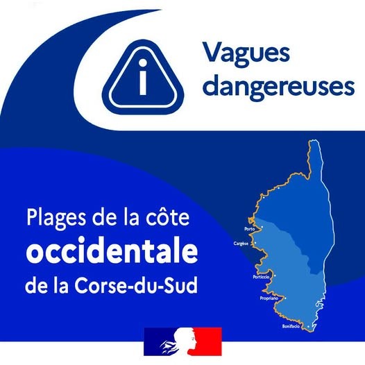 Alerte aux fortes vagues et baignade dangereuse sur la côte ouest de la Corse-du-Sud
