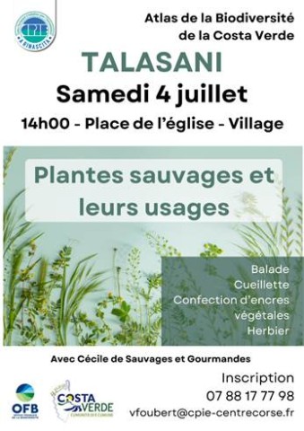 La richesse floristique de la Costa Verde n'aura bientôt plus de secrets pour les participants. Cette après-midi de découverte débutera par une balade sensorielle guidée par Cécile Billard, spécialiste de l'association Sauvages & Gourmandes.  L'objectif de cette promenade est d'apprendre à observer l'environnement autrement. Les promeneurs seront invités à identifier les différentes espèces végétales qui bordent les sentiers de la commune et à découvrir leurs usages traditionnels, qu'ils soient culinaires, 